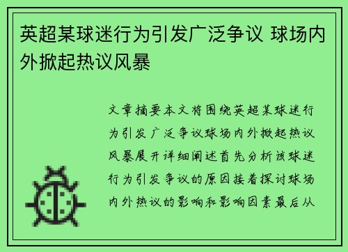 英超某球迷行为引发广泛争议 球场内外掀起热议风暴