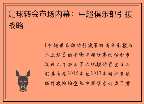 足球转会市场内幕：中超俱乐部引援战略